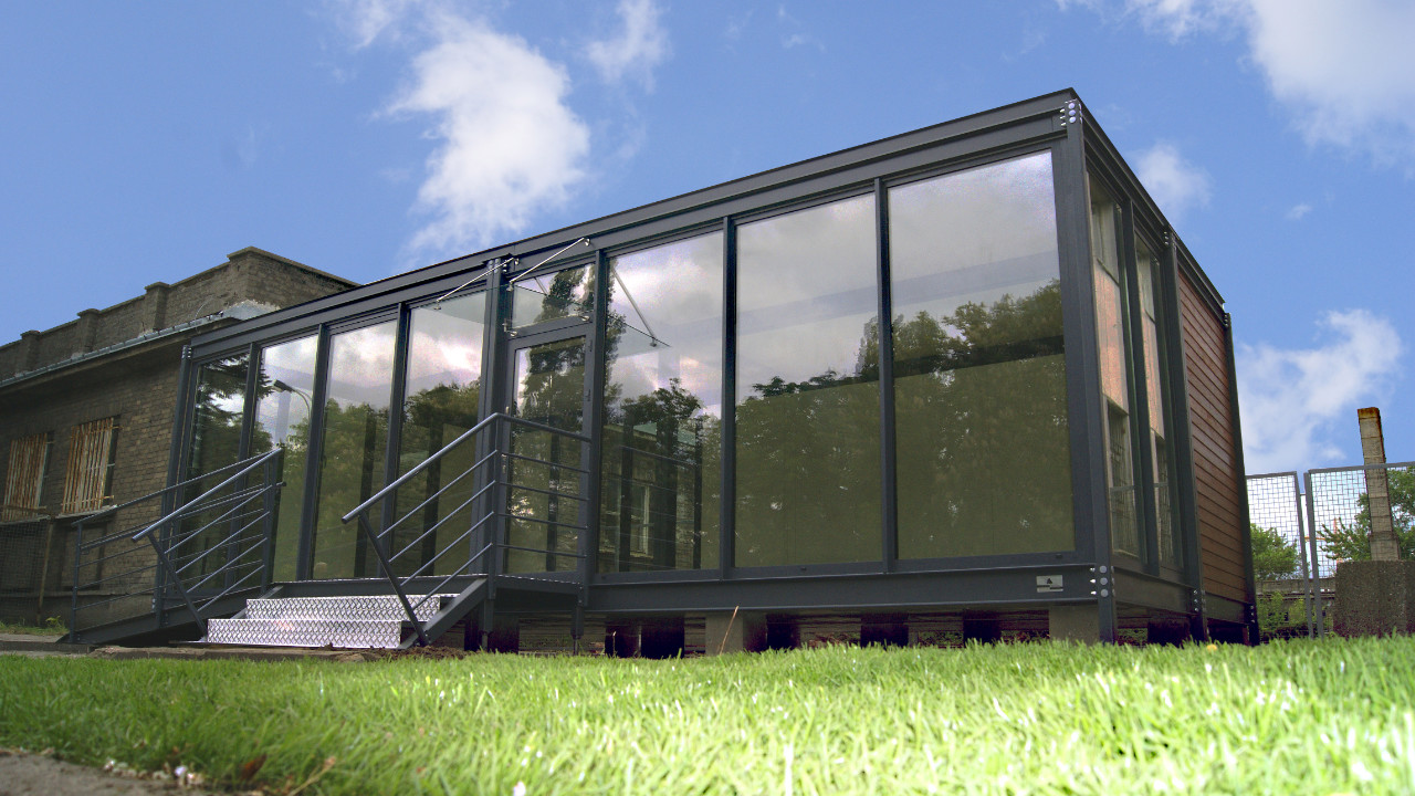 Projekt Glass Siding, Biuro sprzedaży mieszkań 50m2