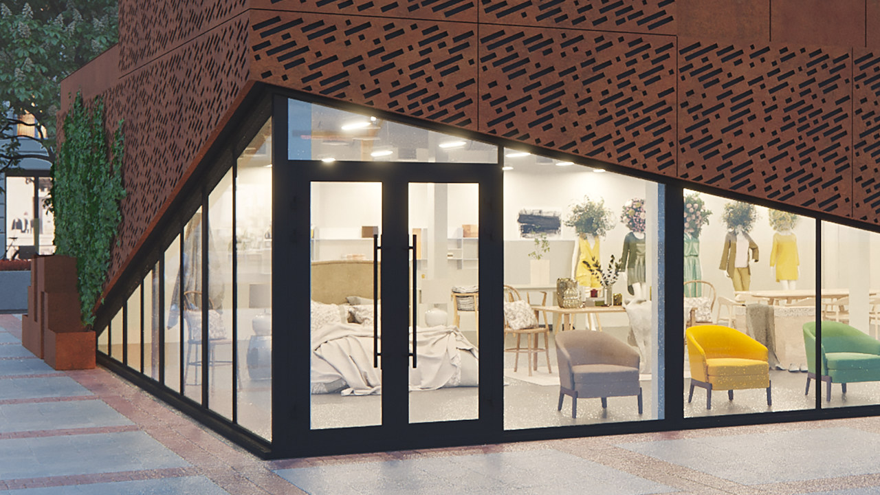 High Cube – Visualisierung des Ausstellungspavillons, Fassade aus Cortenstahl - Ansicht 1