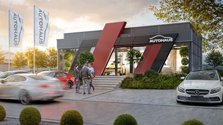 Autohaus-Showroom – Modulbau-Pavillon der Serie ZEZ mit über 72 m2 Grundfläche